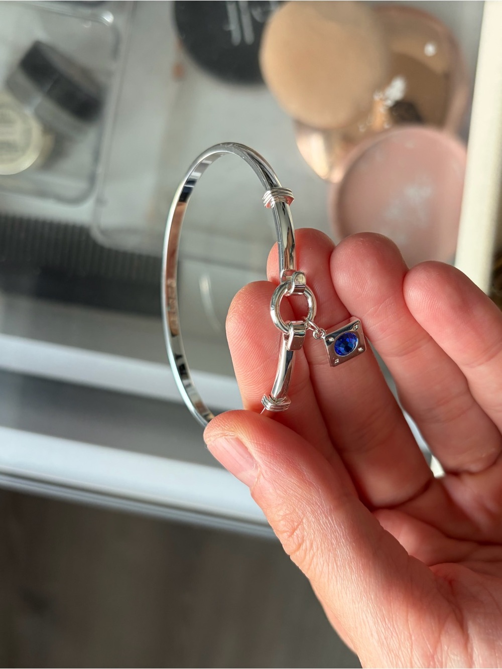 Sterling Silver Bangle Bracelet with Blue Gem Charm